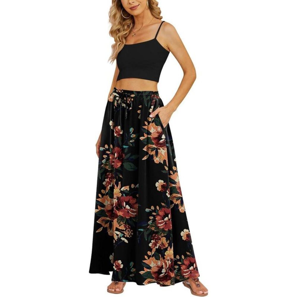Women's Flowy High-Waist Maxi Skirt - Summer Pleated Long Skirt Brown